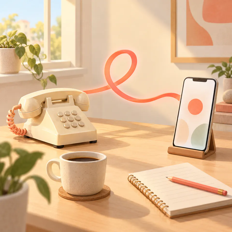 An old desk phone whose curly cord becomes a glowing coral line that loops across the desk to a smartphone