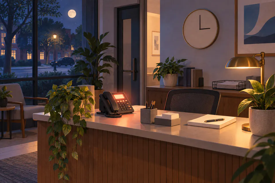 An empty reception desk at three in the morning, moonlight on the street outside, the desk phone glowing as a call is answered
