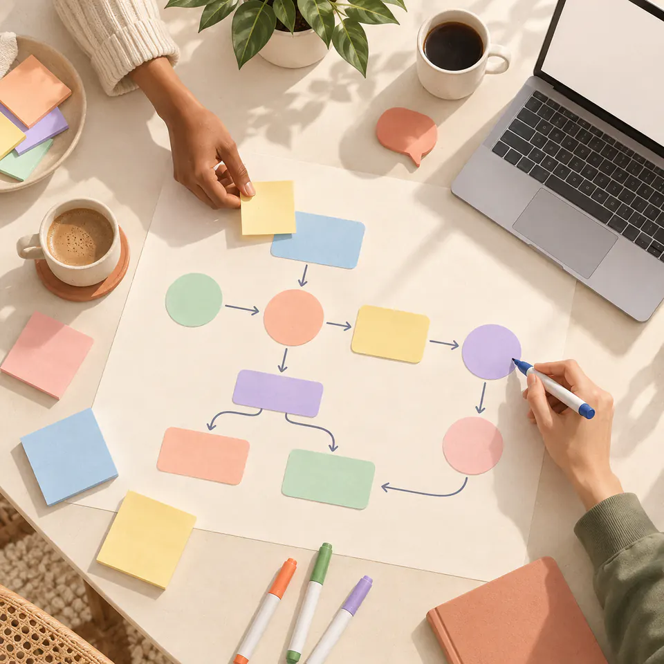 Seen from above: two people mapping a call flow with sticky notes and a marker on a large sheet of paper