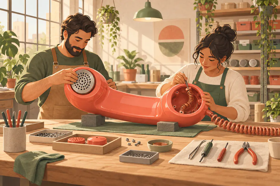 Two craftspeople at a workbench assembling an oversized coral telephone handset by hand